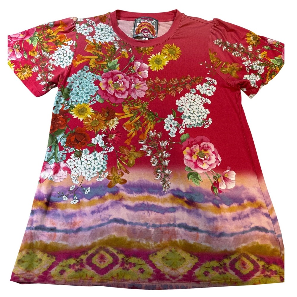 Johnny Was Los Angeles Floral Tie Dye Bamboo Viscose Tee Red Boho Small